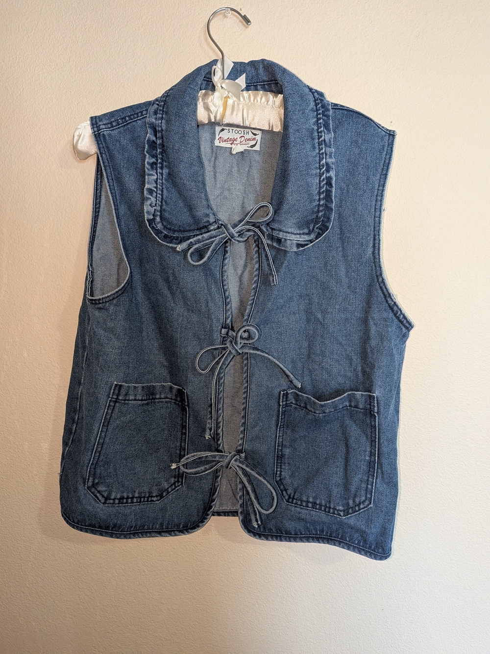 Vintage Denim Tie-Front Vest in Medium Blue